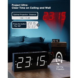 Projection Ceiling Wall Clock with Bed Shaker, 7" LED Digital Clock with 5-Level Brightness Dimmer,180° Projector,USB Charger,Snooze and Battery Backup,Suitable for Deaf and Hard of Hearing and Elders