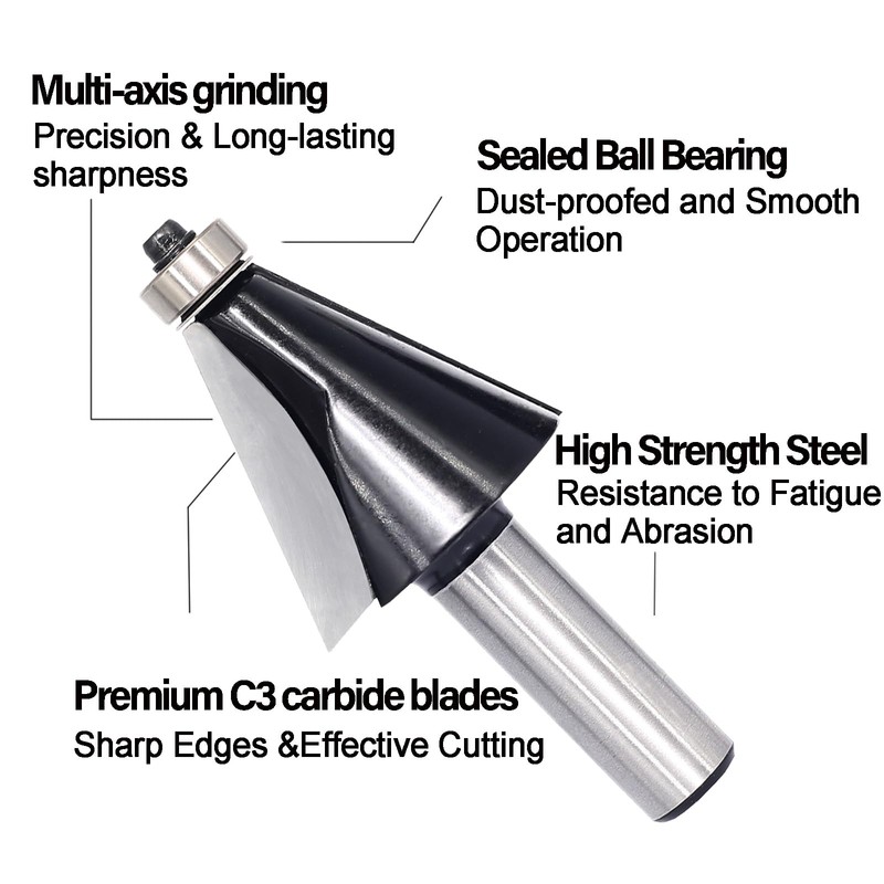 SICWOOD Chamfer Router Bit 1/2 Shank, 22.5° Degree Carbide 2-Flute