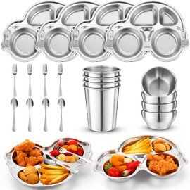 Jinei 20 Pieces Kids Stainless Steel Utensils Set Include 4 Car Shaped Plates, 4 Bowls, 4 Cups, 4 Spoons, and 4 Forks, Stainless Steel Dinnerware Set for Toddler Utensils Silverware