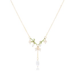 Lily of The Valley Rose Flower Leaf Necklace for Women Gold Plated Boho White Fairy Flowers Tassel Pearl Green Leaf Necklace Wedding Bridal Spring Holiday Jewelry Gifts (Long)