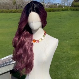 Smilco T Lace Front Wig Black Female Body Wave Deep Curl Synthetic Lace Front Wig Heat-resistant Fiber Role-playing Wig SM9036color: wine red gradient, Stretched Length: 28"