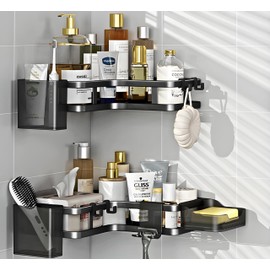 AESTHELIV Adhesive Corner Shower Caddy Hanging - 6 Pack Rustproof Stainless Steel Corner Shelves Large Capacity Shower Organizer, Shower Caddy with Bathroom Accessories (Black)