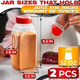 Reluen 2Pcs Seasoning Containers with Dual Shake Lids C 32oz Kitchen Storage Jars for Herbs, Spices and Dry Goods, Transparent Design with Wide Mouth for Easy Filling, Durable Odor-Resistant Plastic Material