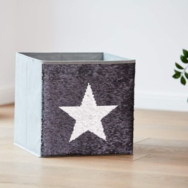 LOVE IT STORE IT Children's Storage Box - Toy Box with Reversible Sequins - Reinforced with Cardboard - Grey with Star in Black or Silver - 32 x 32 x 32 cm