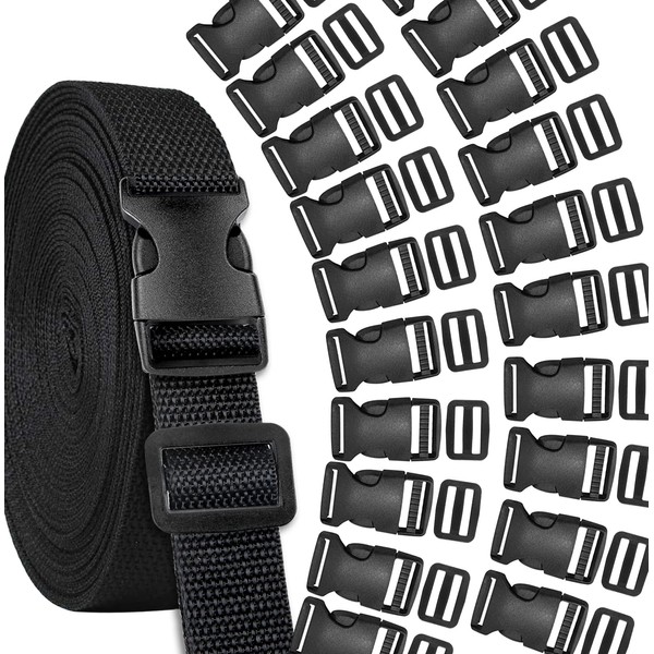 YGDZ Buckles Strap Set, 10 Yards 1 Inch Nylon Webbing Strap with 20 Set Side Release Plastic Buckles for Luggage Strap Backpack Repairing, Black