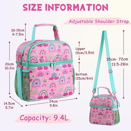 VASCHY Lunch Bag for Kids, Insulated Lunch Box Double Compartments Cooler Lunch Tote for Toddlers Girls School/Daycare/Picnic Rainbow
