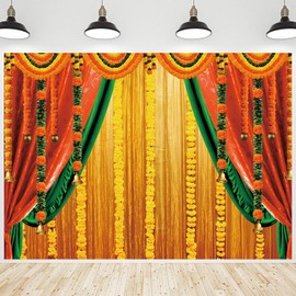 CRTPOD Indian Pooja Backdrop Orange Yellow Diwali Ganpati Marigold Puja Traditional Festival Background Photography Banner for Birthday Wedding Party Decorations Photo Photobooth Props 7x5ft