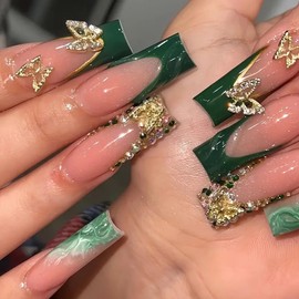 Long Square Press on Nails Green French Tip Fake Nails Bling Nails Press ons with Gold Butterfly Nail Charms Design Cute False Nails Full Cover Glue on Nails Stick on Nails for Women Manicure 24 Pcs