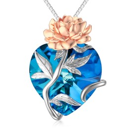TOUPOP Sapphire September Birthstone Necklace 925 Sterling Silver September Birth Flower Peony Pendant Necklace Heart Crystal Jewelry Birthday Christmas Gifts for Women