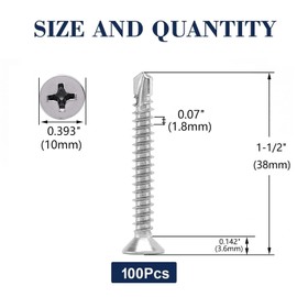 #12 x 1-1/2" Sheet Metal Screws 100Pcs 410 Stainless Steel Flat Head Tek Screws Fast Self Tapping Screws by SG TZH