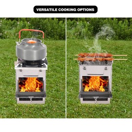 CAMPMAX Portable Camping Wood Stove for Cooking, Folding Lightweight Stainless Steel Wood Stove with Grid and Pot Stand for Outdoor Camping Hiking Backpacking BBQ Picnic, Small