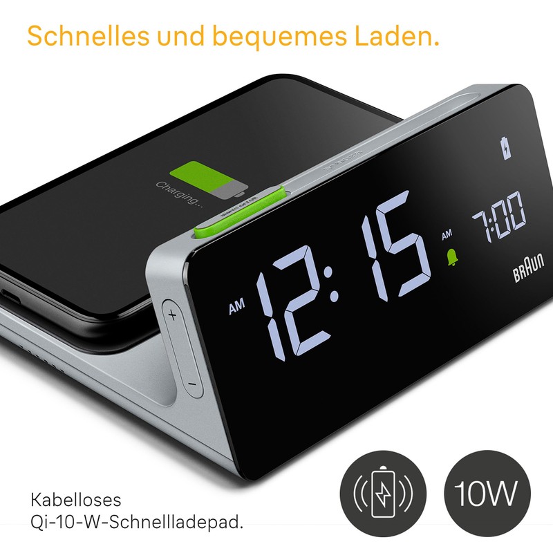 Braun Digital Alarm Clock with VA LCD Display, 10W Qi