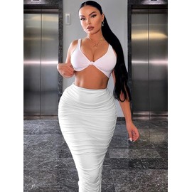 YMDUCH Women's Sexy Bodycon High Waist Stretchy Solid Work Pencil Skirts Dress White