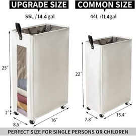 ZERO JET LAG 25 Inches Slim Laundry Storage Hamper - Large Rolling Clothes Hamper - Rolling Storage Bin - Tall Corner Basket - Clear Window Visible - Dirty Laundry Bin - (Beige)