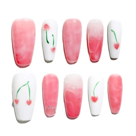 Sun&Beam Nails Handmade Nail Tips, Medium, Long, Coffin Pink, White, Green, Hand-painted, Cherry False Nails, Gradient Design, Stylish, Set of 10 (#171 S)