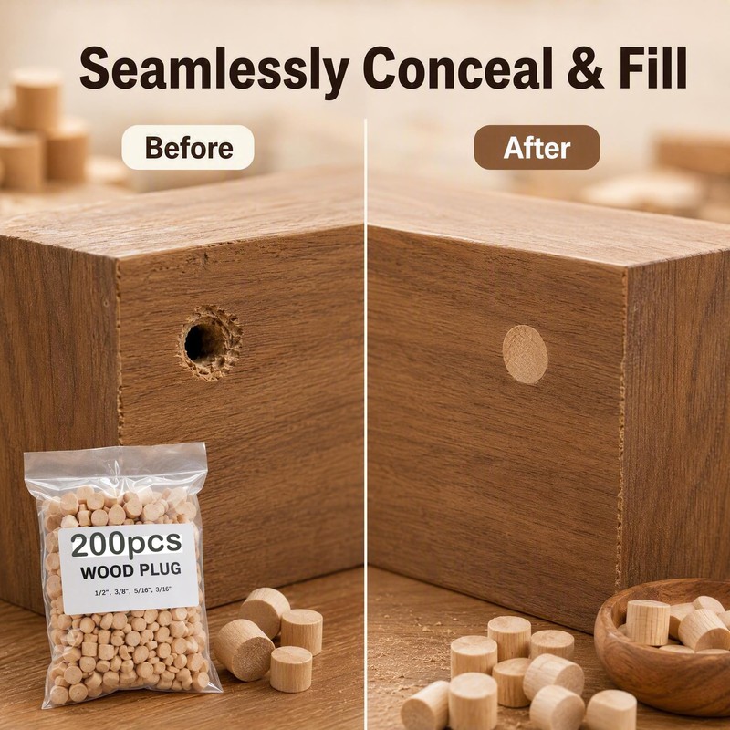 200 Pcs Wood Plugs, 4 Sizes (3/16", 5/16", 3/8", 1/2")