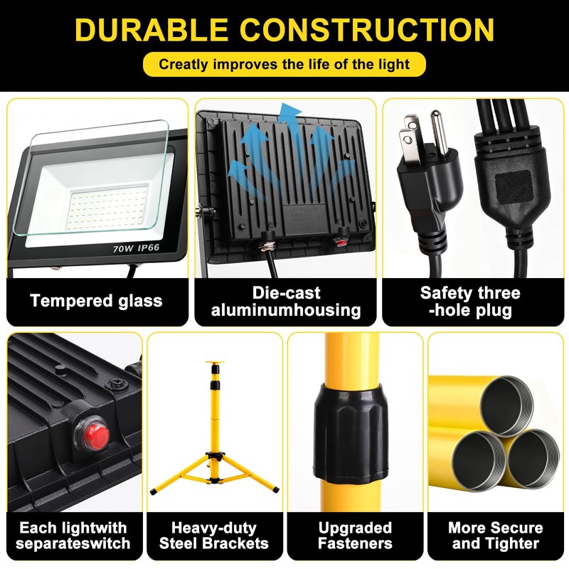 3x70W LED Work Light, Adjustable Tripod Portable Construction Flood Light