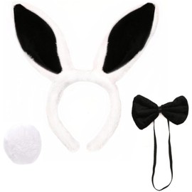 The Fancy Dress® 3 Pcs Bunny Costume Set Rabbit Ears Headband Tail and Bow Ties for Easter Costume Party Accessories (Black & White)