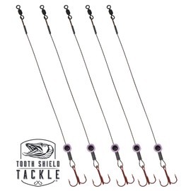 Tooth Shield Tackle Fish Eye Ice Fishing Tip Up Leader Rig (90 lb) Ice Fishing Sucker Walleye Pike Musky Predator Rig (5 Pack) (Camo/Purple Fish Eye) (VMC # 6)