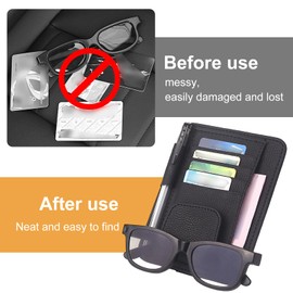 KASESSS Sunglasses Holder for Car, Universal Car Sun Visor Organizer PU Leather Car Glasses Holder with Storage Pockets Multifunctional Car Sunglasses Holder for Storing Sunglasses Card Pen