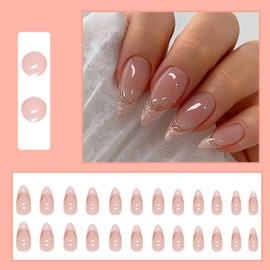 24Pcs Almond Press on Nails Medium, French Tip Nude Pink Fake Nails Glossy Glitter False Nails with Designs, Stiletto Gold Shiny Acrylic Full Cover Glue on Nails for Women and Girls