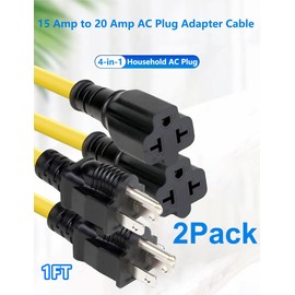 2Pack 12AWG 15 Amp Household AC Plug to 20 Amp T Blade Adapter Cable [4-in-1], for Nema 5-15P to 5-20R, 5-15P to 6-15R, 5-15P to 6-20R, Heavy Duty 15A 125V to 20A 250V Extension Cord, 1FT