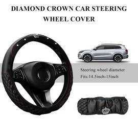BWBWND Soft Leather Steering Wheel Cover, 15 Inch Elastic Non-Slip Car Wheel Protector with Crystal Diamond, Universal Sparkling Diamond Crown Accessories for Most Steering Wheels (Black)