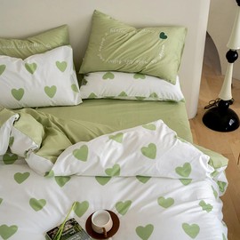 Michorinee Green and White Heart Single Duvet Cover Set Aesthetic Green Love Heart Bedding Set Reversible Microfiber Quilt Cover 135x200 cm Zipper Closure with Pillowcase 50x75 cm