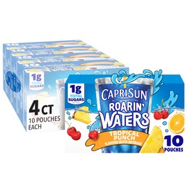 Capri Sun Roarin' Waters Tropical Punch Flavored with other natural flavor Water Beverage, 40 ct Pack, 4 Boxes of 10 Drink Pouches