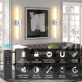 LED Wireless Battery Operated Wall Sconces, 11000mAh Rechargeable Chrome Wall Lights with Remote Control, 350°Rotate Dimmable Wall Lamp, 3 Color Temperatures, for Bedroom Living Room Hallway, 1 PCS