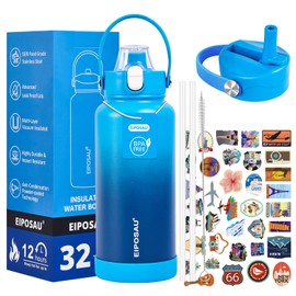 EIPOSAU Insulated Water Bottle with Lid & Boot & Stickers, 32 oz Stainless Steel Sweat Free Bottle Keep Cold 24H, BPA-Free Sports Wide Mouth Water Bottle, Blue Gradient