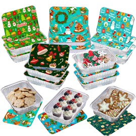 HABDJILTY 30 Christmas Tin Foil Containers with Lid Covers For Cookies Christmas Treat Foil Containers Aluminum Treat Exchange & Goody Party Leftovers for Holiday Festival Christmas