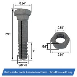 Mobile Home Anchor Bolt with Nut - Ground Anchor Slotted Bolts and Nuts (25 Pack)