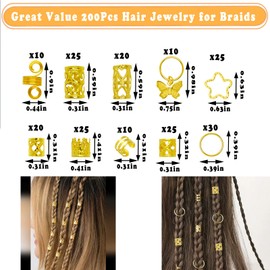 200 Pcs Hair Jewelry for Braids Accessories Loc Jewelry for Hair Dreadlock, Gold Hair Clips for Women, Hair Accessories