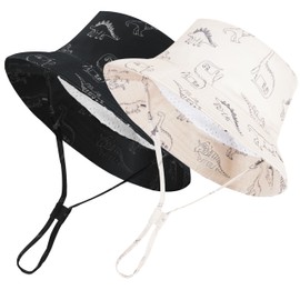 Urban Virgin 2-Packs Baby Sun Hat UPF 50+ Sun Protective Toddler Bucket Hat Summer Kids Beach Hats Wide Brim Outdoor Play Hat for Boys Black Dinosaur&Creamy White Dinosaur 1-2 T