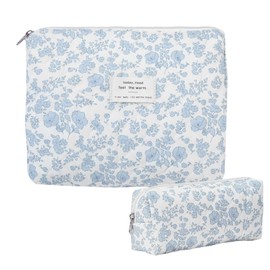 Burskit Makeup Bag, Quilted Makeup Bag, Cotton Large Travel Makeup Bag, Floral Cosmetic Bag, Travel Quilted Makeup Bag for Women, Flower Travel Toiletry Bag (Blue Flower New)
