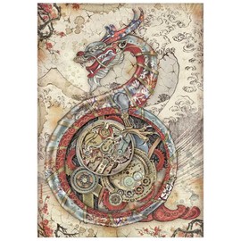 Stamperia International Stamperia-Rice Paper-Sir Vagabond in Japan-Mechanical Dragon, Red, Teal, Brown, A4