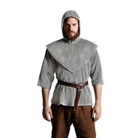 JPXH Medieval Knight Costume Faux Chain Mail Armor Tunic with Hood and Belt Renaissance Outfit