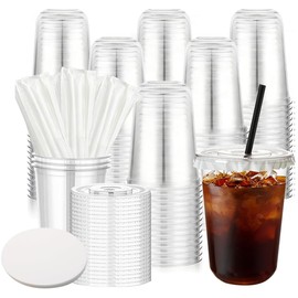 Cashger 16 oz Plastic Cups with Lids and Straws To Go Iced Coffee Cups