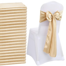 QeeFop Pack of 50 Beige Satin Sashes Wedding Chair Bow, Elastic Chair Sashes for Wedding Decoration, Birthday, Banquet, Party Decoration (Beige)