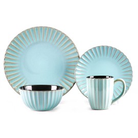 HomeVss, Osita Strip Stoneware 16pc Dinnerware Set, Golden Turquoise