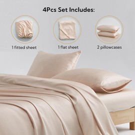 Candoury Satin Sheets Queen Bed Set 4 Pcs, Soft and Durable Pillowcase, Flat Sheet and Fitted Sheet, Hotel Luxury Silky Satin Sheets Set(Queen, Champagne)