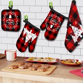 Jingmore 6 Pcs Holiday Kitchen Towels Oven Mitts and Pot Holders Sets Farmhouse Fall Christmas Theme Dish Towels Oven Mitts and Pot Holders for Cooking Baking Grilling(Christmas Tree Style)