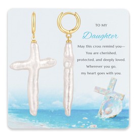 Natural Pearl Cross Earrings - Gold Plated Dangle Chunky Real Pearl Cross Statement Earrings for Women Mother Soulmate Grandma Granddaughte(Small D)