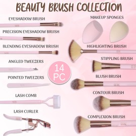 Expressions 14pc Ultimate Beauty Brush Collection -Full Makeup Brush, Eyelash Curler, Tweezer and Sponge Set for Flawless Results | Professional Cosmetic Brushes (ROSE GOLD)