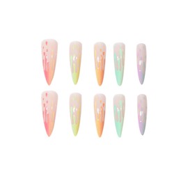 24pcs Long Almond False Nails Rainbow Colored Stick on Nails Ombre Press on Nails Removable Glue on Nails Full Cover Fake Nails Women Bridal Nail Art Accessories