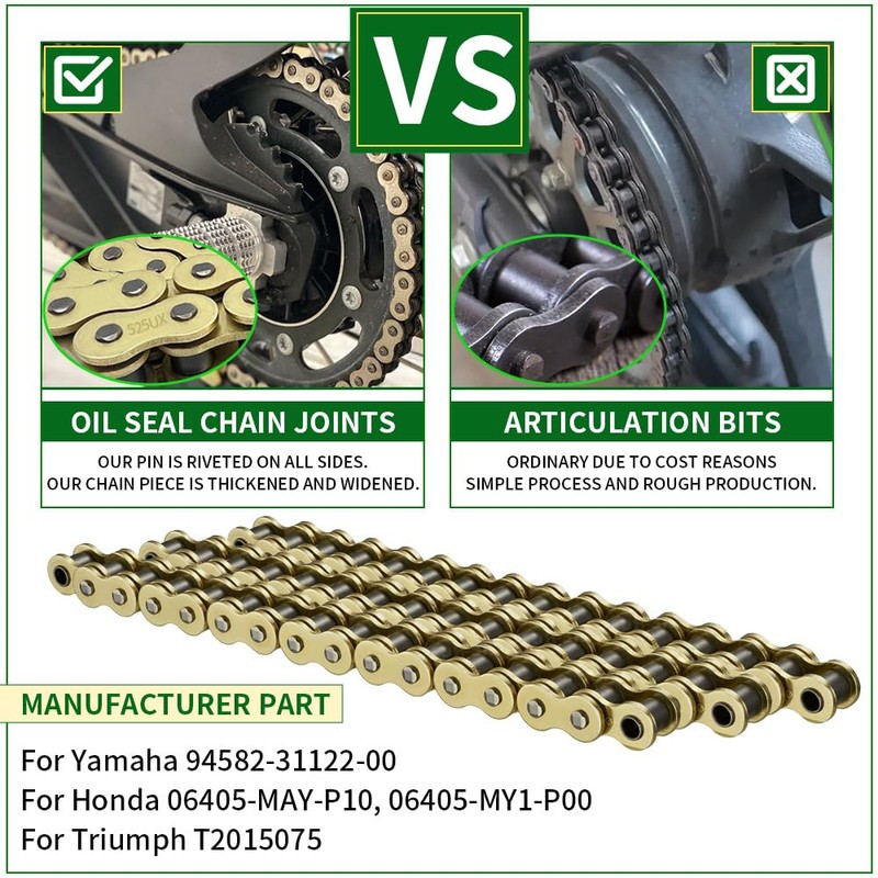 WEICHENGXIN Gold 525 X-Ring Chain 122 Links Motorcycle Chain with
