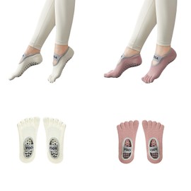2 Pairs of Women Pilates Socks, 5 Finger Anti Slip Yoga Socks, Natural Toe Sport Grip Socks Suitable for Dance Sports (CA/US, Alpha, One Size, Regular, Regular, Skin pink+white)