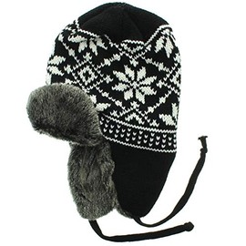 Milani Aviator Trapper Style Faux Fur Lined Earflap Knit Pattern Winter Beanie Hat Cap (Black)