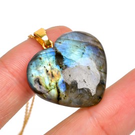 AURA GEMS Labradorite Gemstone Heart Shape Pendant Necklace, Natural Cabochon, Women Jewelry, Energy Healing Crystals, Calm Chakra, Birthstone, Gift for Women, Gold Plated Jewelry 18 inch, AA+ Quality